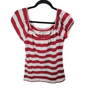 Currants Womens Sz M White Red Striped Short Sleeve Blouse